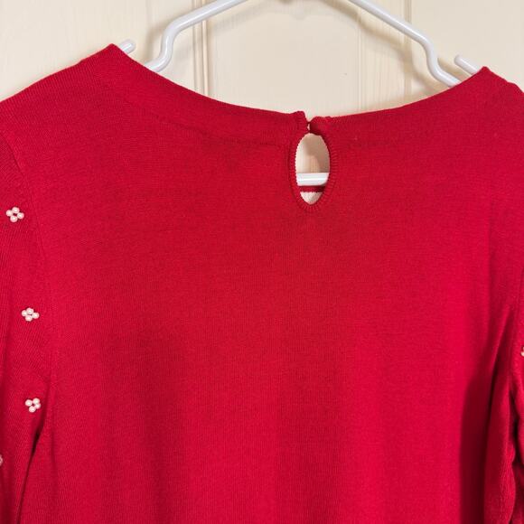 Talbots Pearl Beaded Sweater Red Knit 3/4 Sleeves Medium EUC Feminine Preppy - Picture 4 of 6